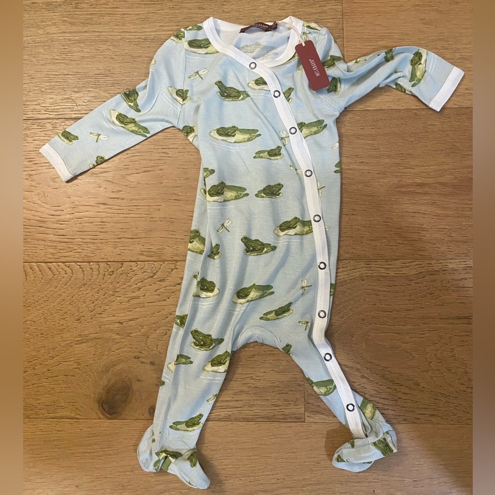 Milkbarn organic cotton baby Frog Print One Piece Footie - Blue 0-3m NWT